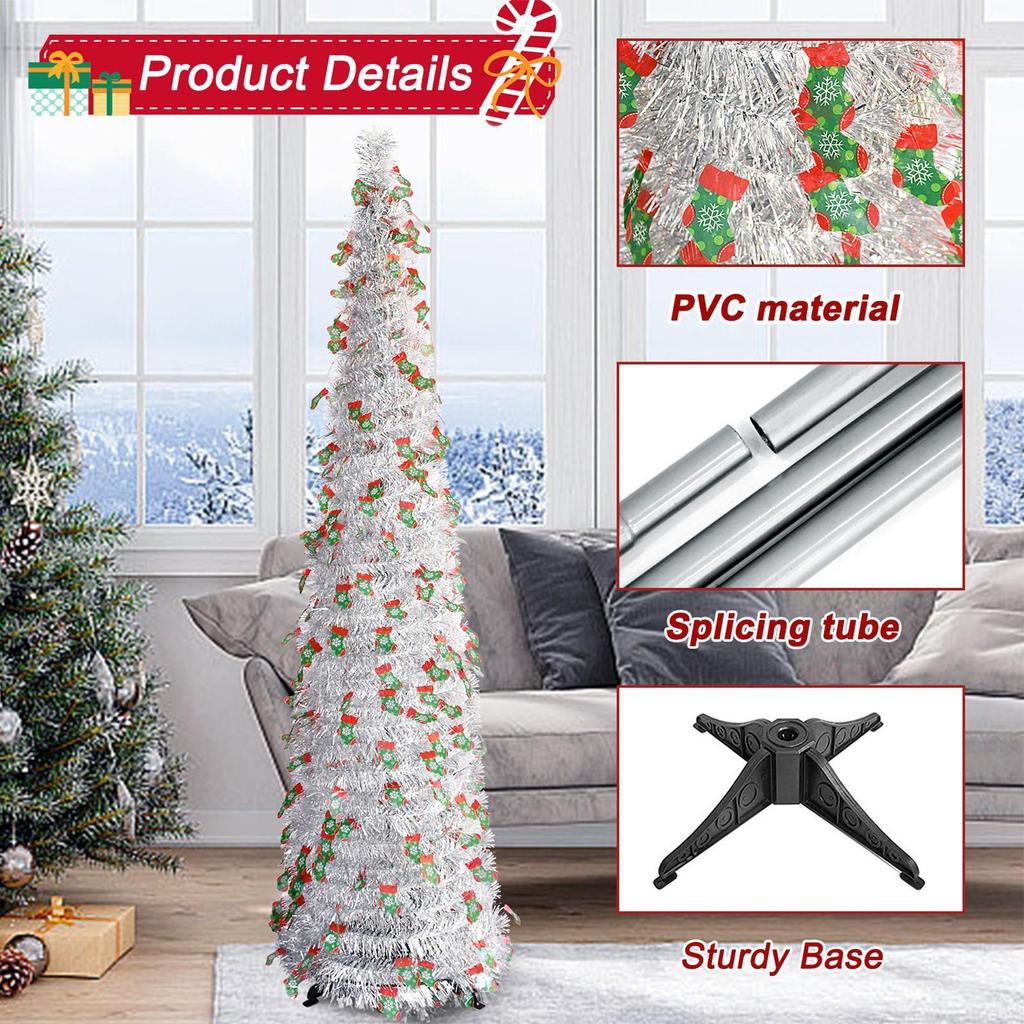 Easy Christmas Tree 5Ft Retractable Holiday Home Decor Silver Festive Tree Christmas Decorations For Indoor Outdoor Living Room