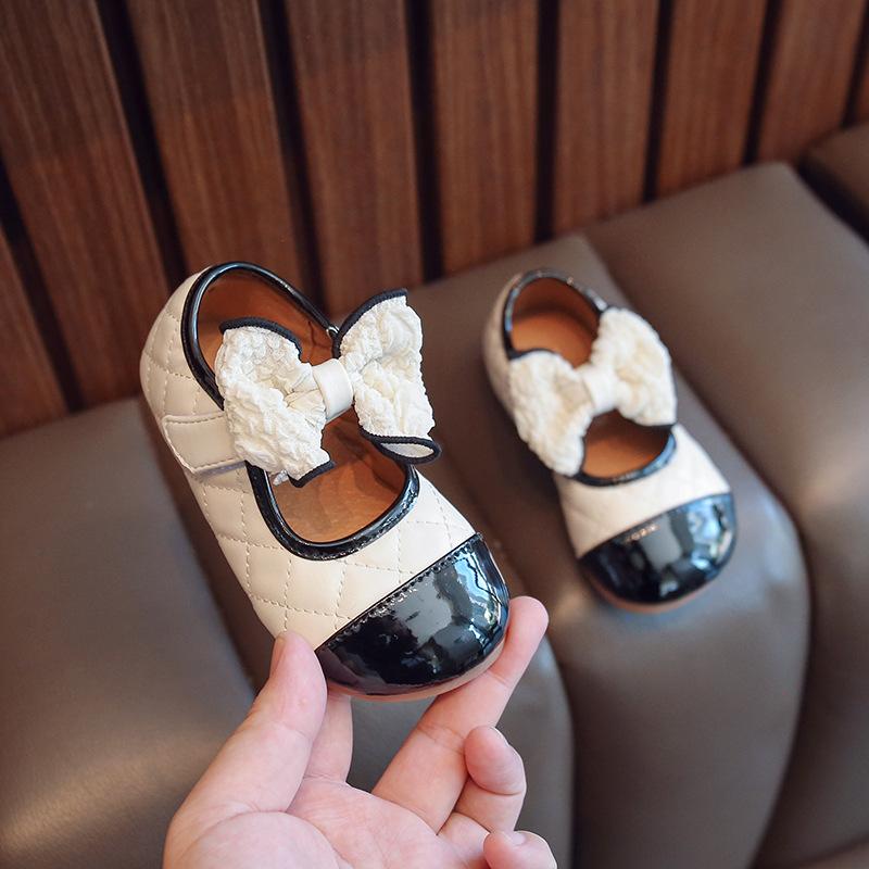 Children's Leather Shoes Spring Autumn Patchwork Girl Princess Shoes with Bowtie Fashion Kids Causal Non-slip Flats Soft Bottom