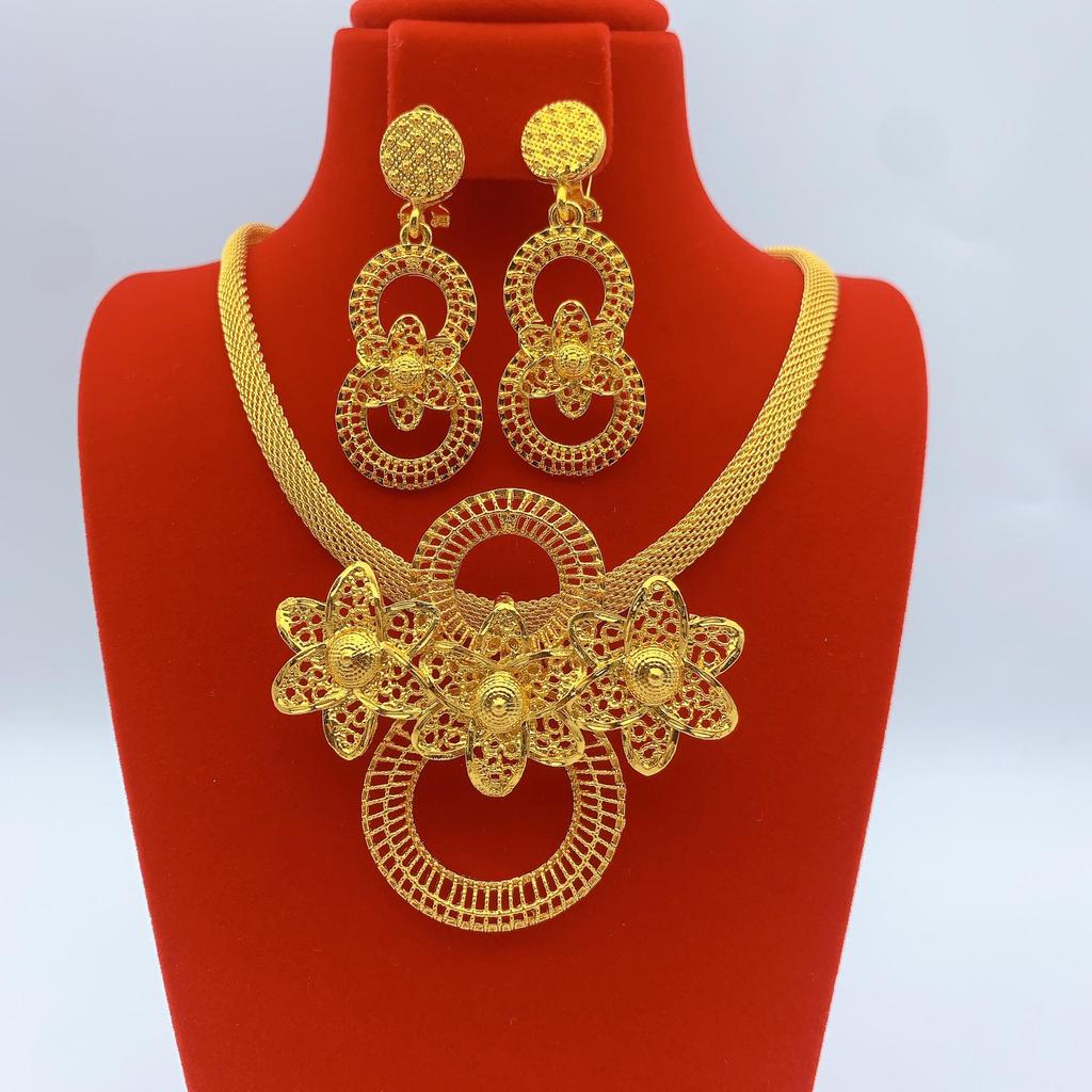 Gold-Plated Brass Flower Necklace & Earrings Set for Women's Wedding Jewelry