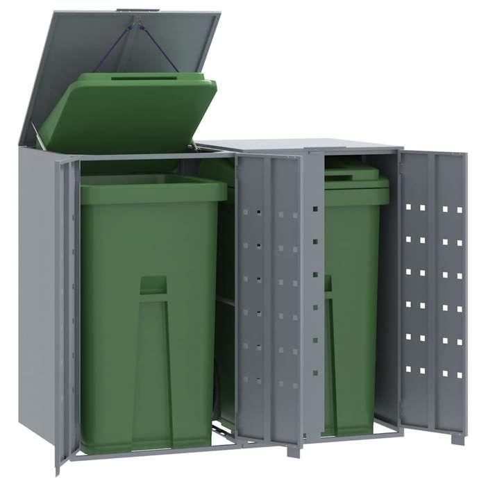 VidaXL Wheeled Storage for Trash Cans for 2 Bins Steel Grey, Trash Can Storage, 3279987