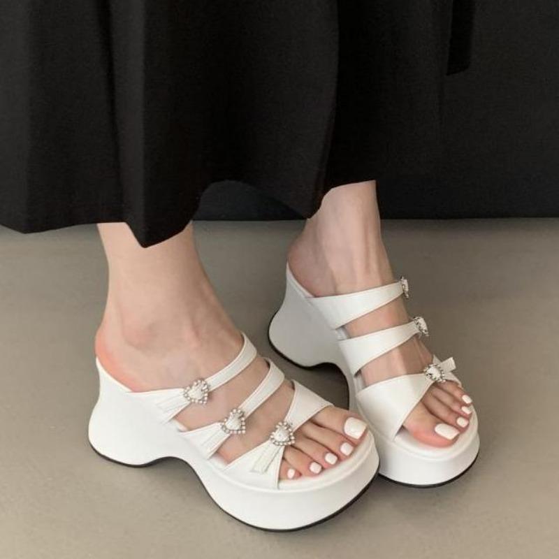 Fashion Heeled Slippers Woman Platform Sandals Summer Belt Crystals Buckle Chunky Shoes Black High Heels Zapatos De Mujer Sandals Woman
