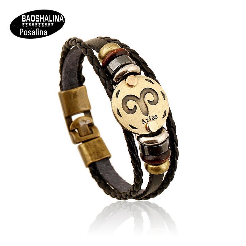European Vintage Zodiac Leather Bracelet - Handwoven Astrological Charm for Men and Women