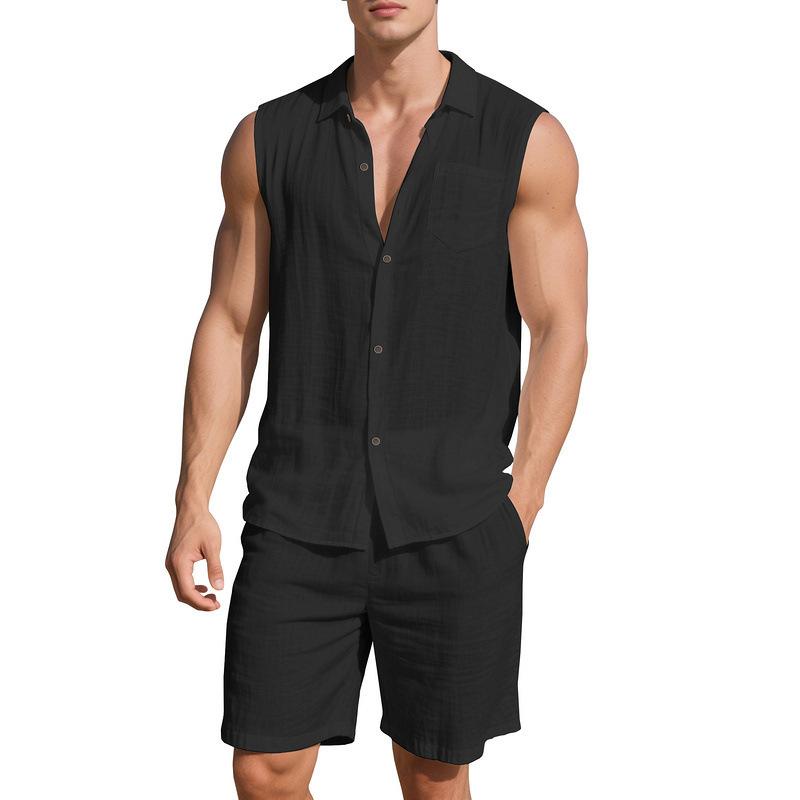 Loose Linen Sleeveless Collared Beach Shirt Casual Summer Fashion for Men Open Cardigan Style Clothing