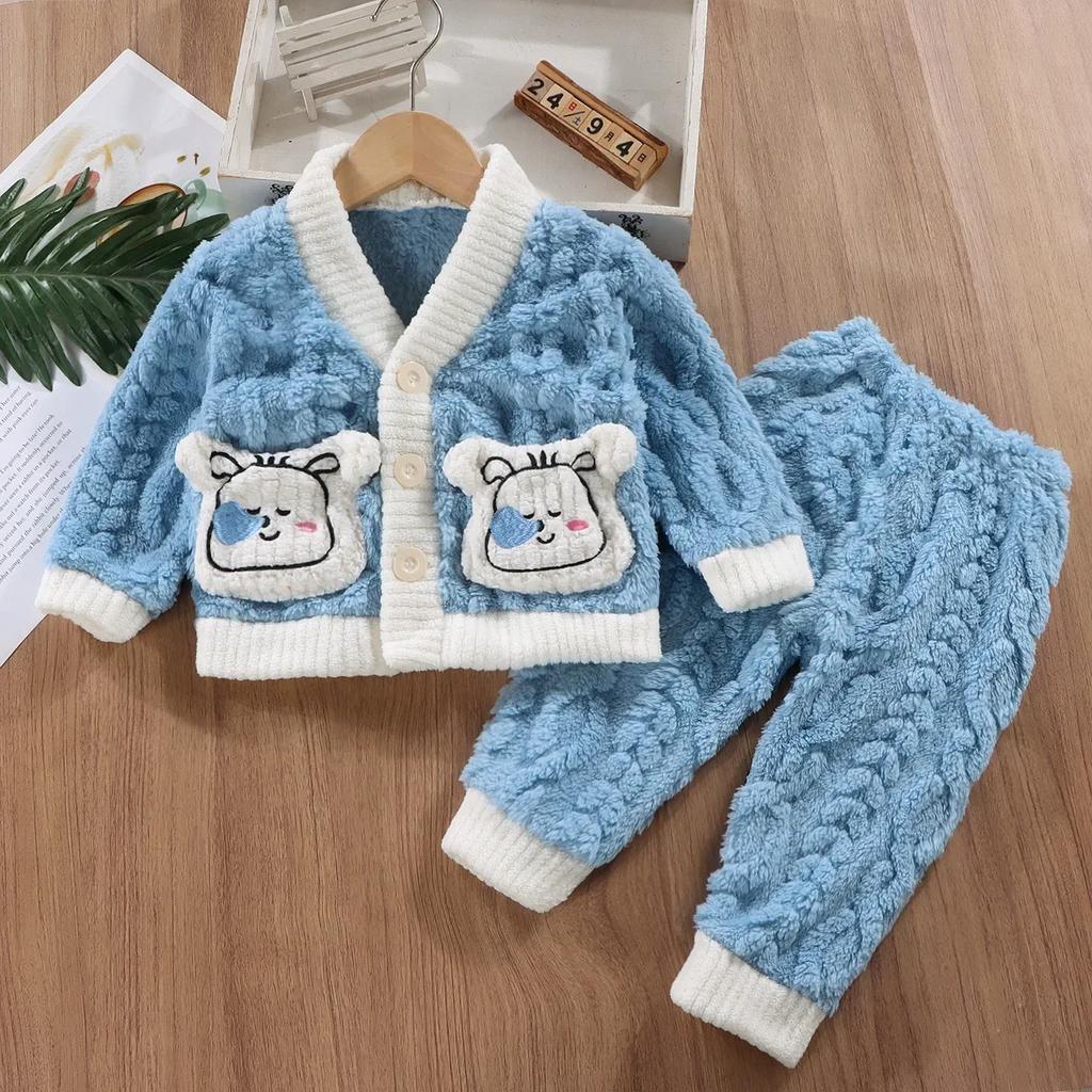 New Autumn Winter Kids Thicken Warm Pajamas Baby Cute Cartoon Soft Flannel Sleepwear Boys Girls Casual Clothing Sets Pyjamas
