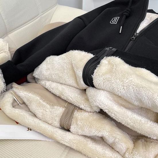 Women's Autumn and Winter Thick Fleece Hooded Warm Hoodie Long Sleeved Solid Color Loose Zipper Jacket