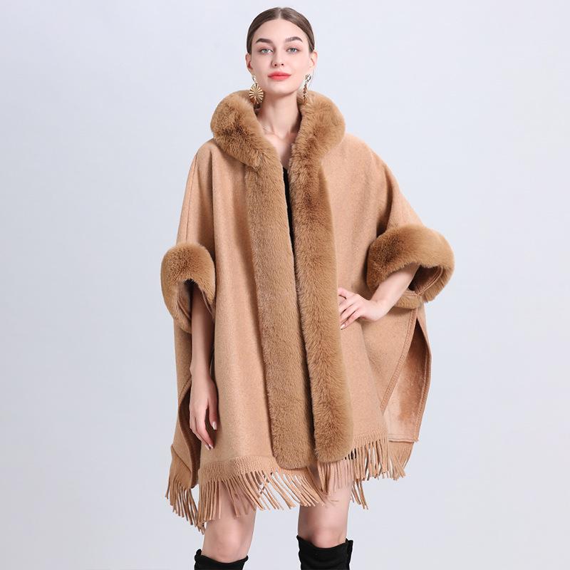 869# Women's Plaid Fleece-Lined Knitted Shawl Cape with Thick Fur Collar
