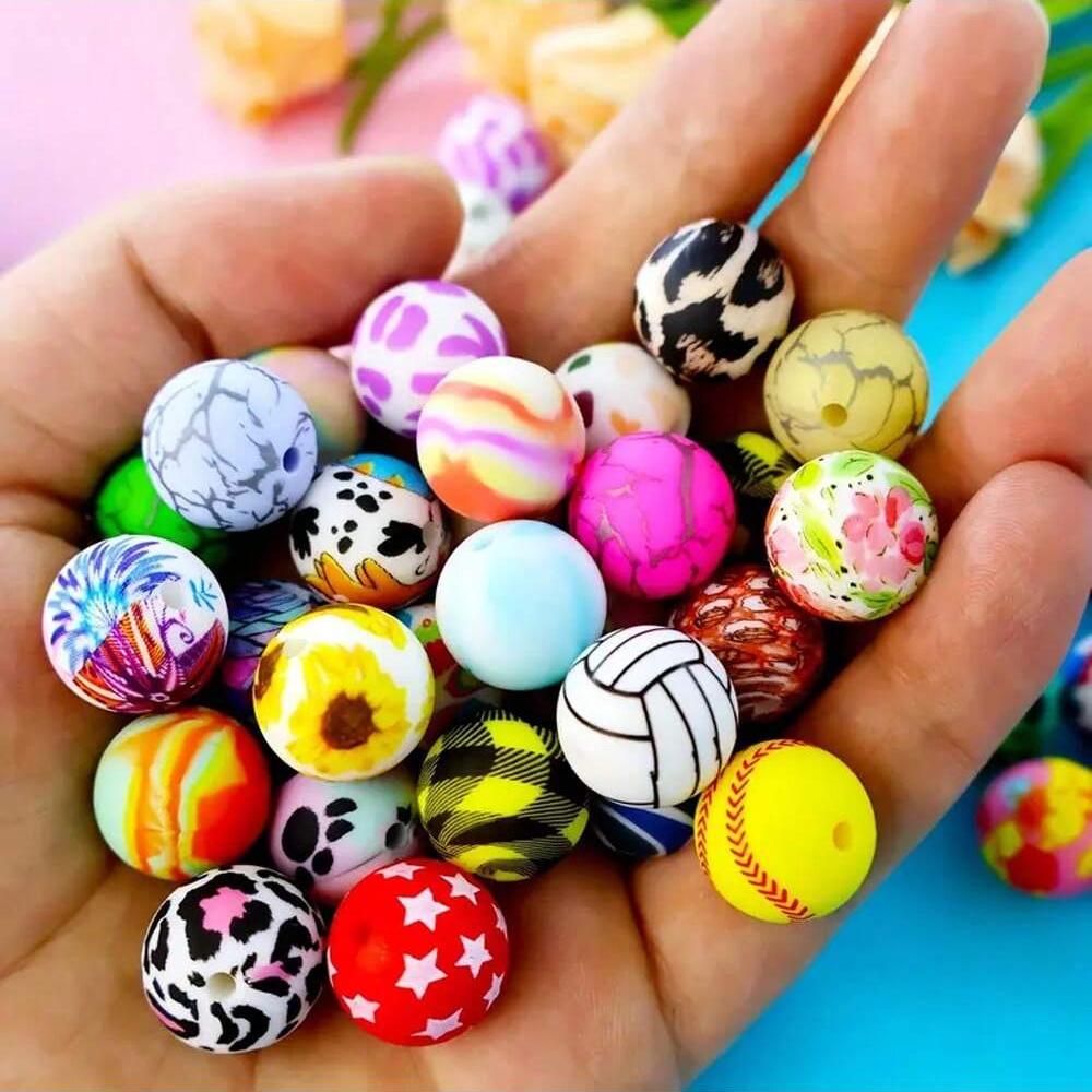 10/10pcs 15mm silicone beads with various styles of printed patterns, perfect DIY bead handmade accessories, fashionable jewelry