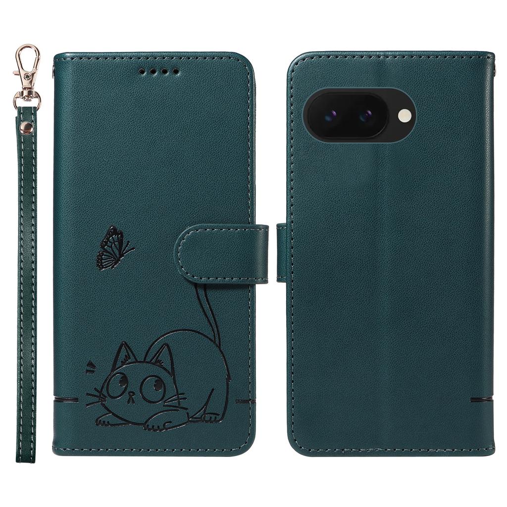 For Google Pixel 9a Lommebokdeksel Kattemønster Pregnet Lær Telefondeksel med Håndleddsstropp
