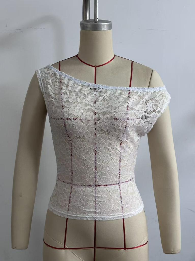 European and American women's clothing new fashionable and sexy slim-fitting lace slanted shoulder top