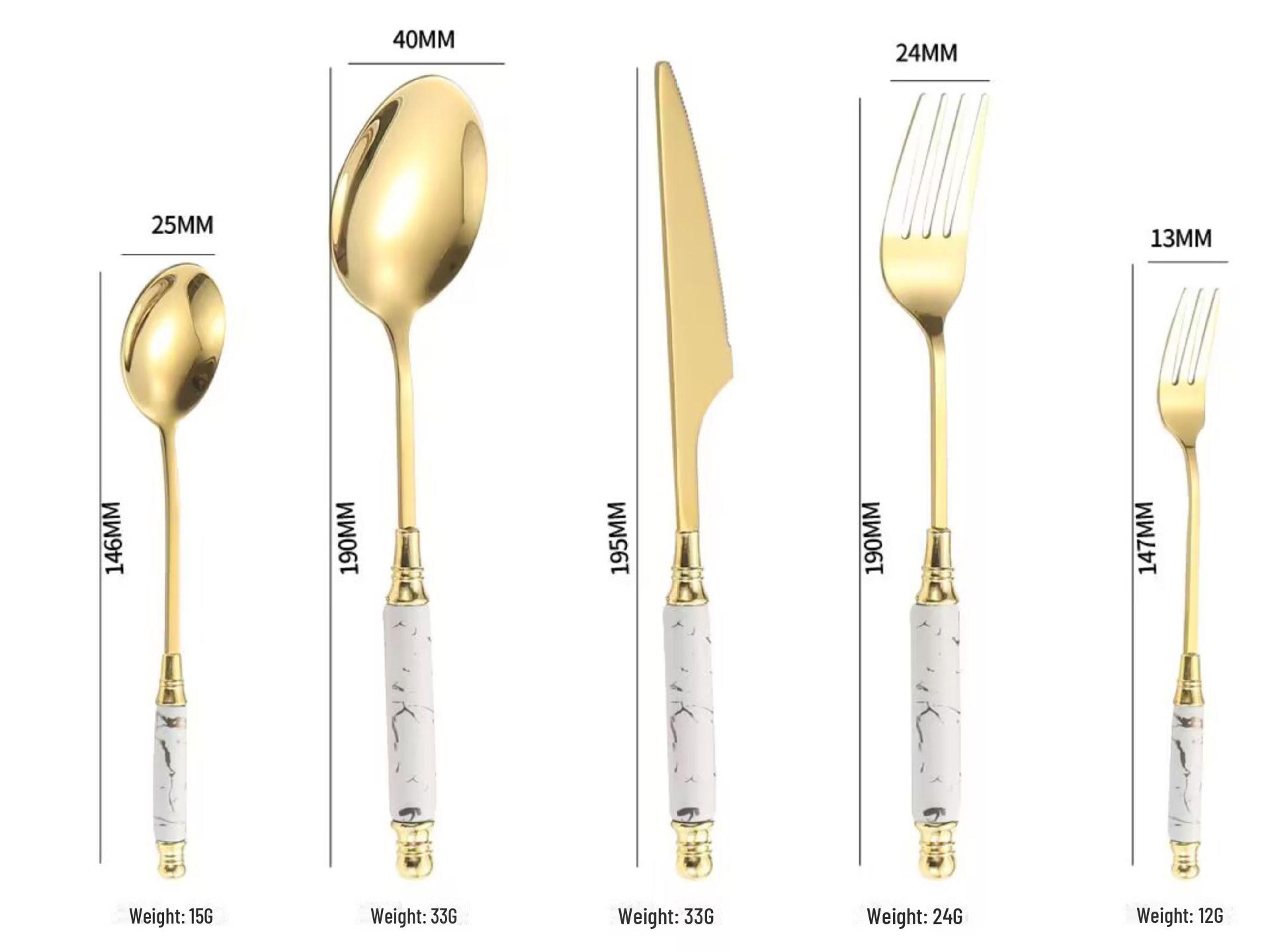 

Легкий роскошный набор столовых приборов из нержавеющей стали с керамической ручкой - нож, вилка, ложка, десертная ложка, вилка для фруктов в подарочной коробке Palace five-piece set платиновый