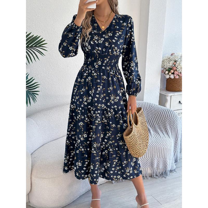 Spring Autumn Casual Woman Dress V Neck Long Sleeve Lotus Leaf Edge Floral Print Long Dress Elegant Women Clothing