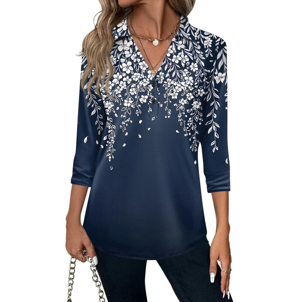 Women's Fashion Casual Lapel Short 3/4 Sleeve Print Shirt Women's V-Neck Button Tops