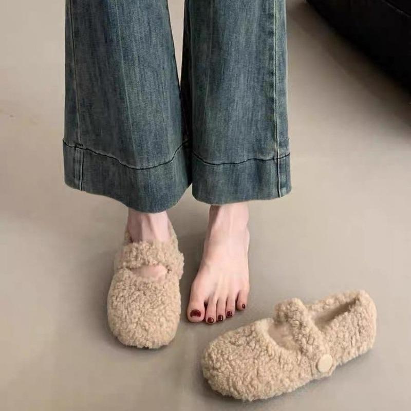 Nouveau Style Chaussures Plates Mary Jane Blanches Françaises pour Femmes Automne et Hiver Chaussures en Coton Chaud à Semelle Plate et Pompon