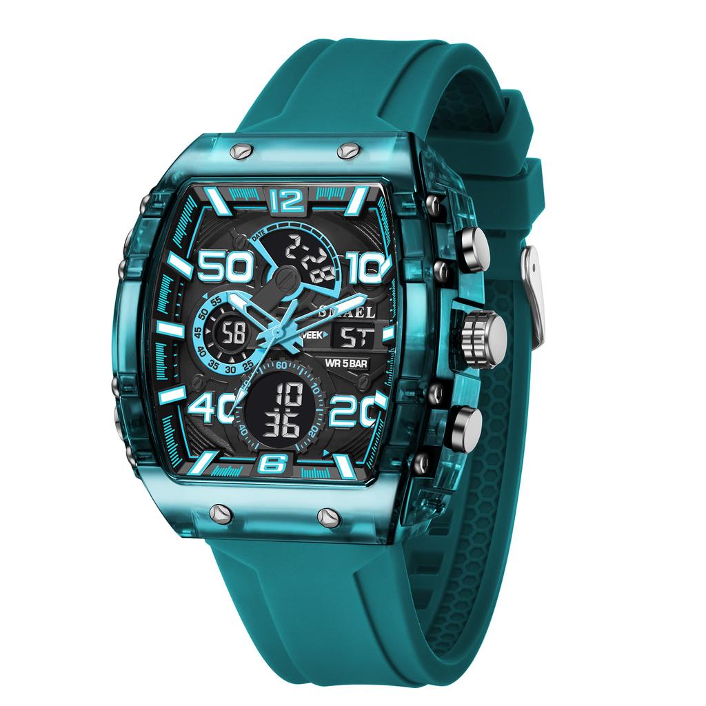 8109 New Men's Square Dual Display Sport Watch - 50M Waterproof Luminous Alarm Chrono Dual Time Multi-Color Silicone Strap