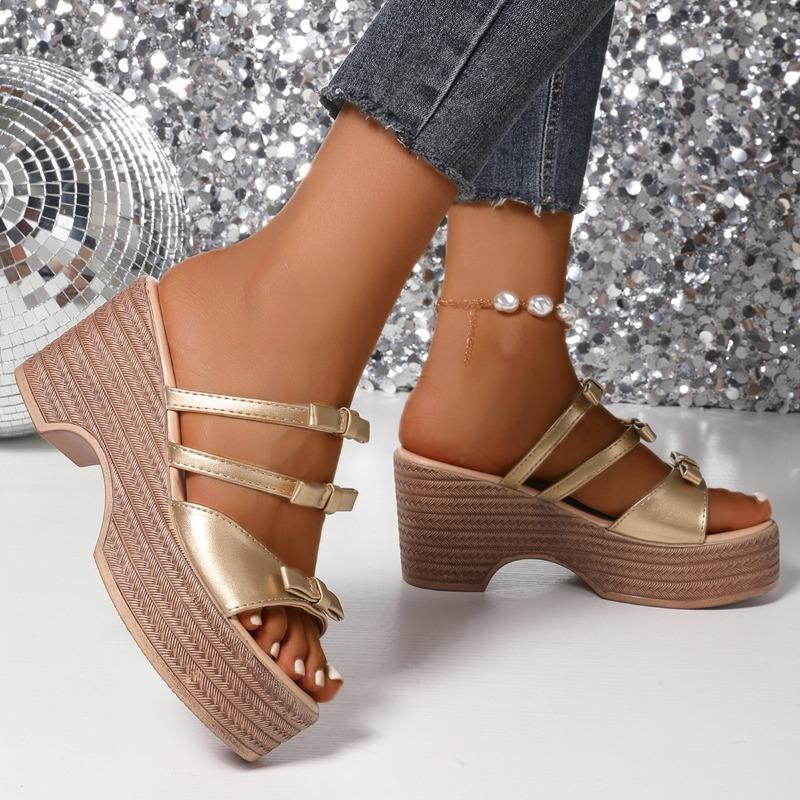 N Nü Korean Summer Muffin Platform Slipper Women's Wedge Peep Toe Bow High Heel Sandal