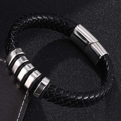 Joyería Punk Pulseras de Cuero Trenzado Negro Moda Masculina Frescas Pulseras de Muñeca con Cierre de Acero Inoxidable Pulseras
