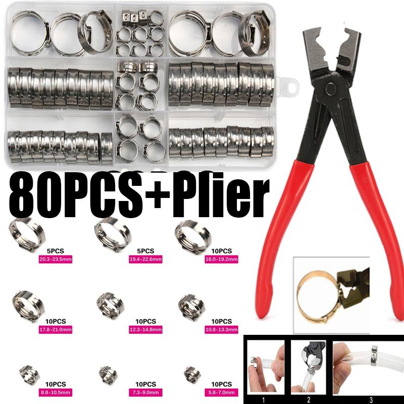 130/80/45pcs 304 Stainless Steel Hose Clamps 5.8-23.5mm Spring Clamps Fuel Water Hose Pipe Clamps Clips  +1PCS Pliers Tool