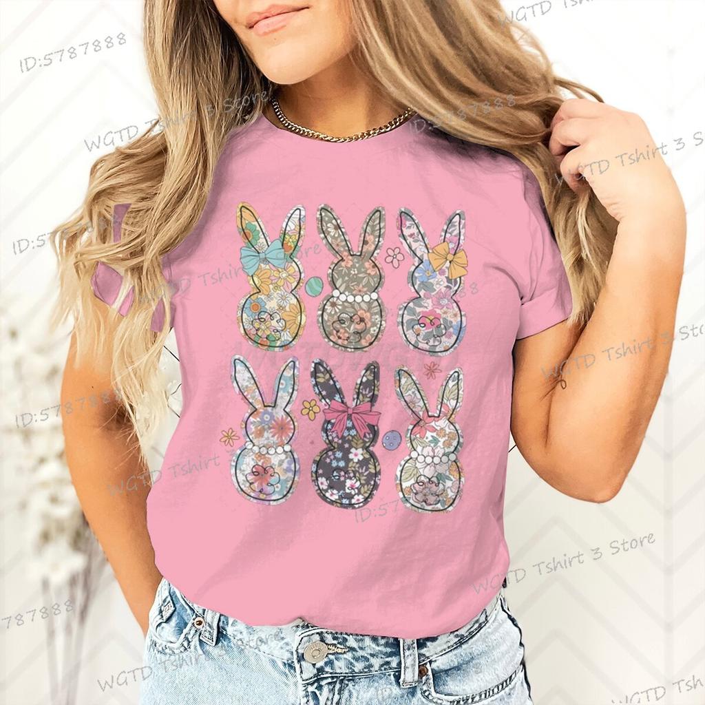 Retro Easter Bunny Floral Design Women Tshirt Graphic Gift for Easter Day Classic Tops Tees Flower Abbit Bunny Vintage T Shirts