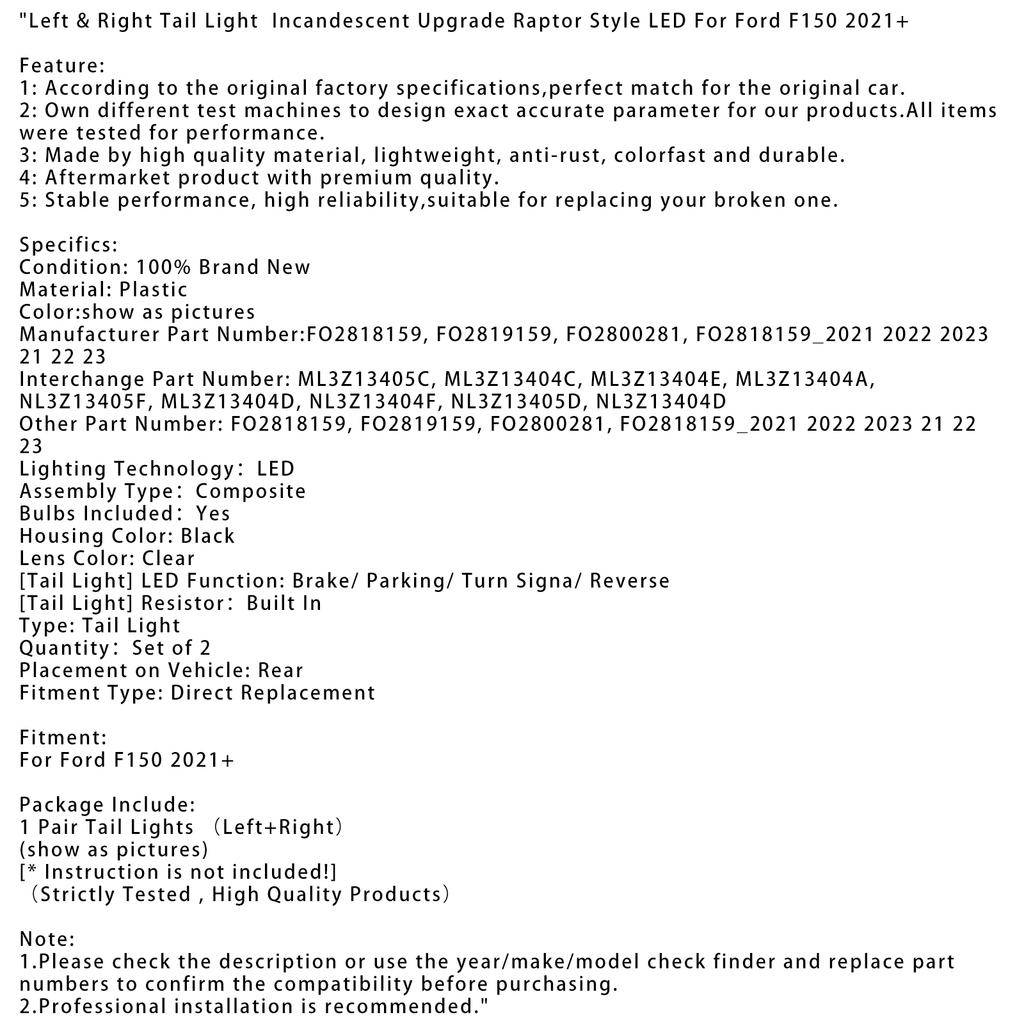 Left & Right Tail Light  Incandescent Upgrade Raptor Style LED For Ford F150 2021+