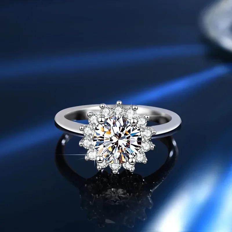 Luxury 100% Real 1CT Moissanite Diamond Sun Flower Rings for Women Sterling Silver Adjustable Sparkling Rings Fine Jewelry resizable&Platinum Plated