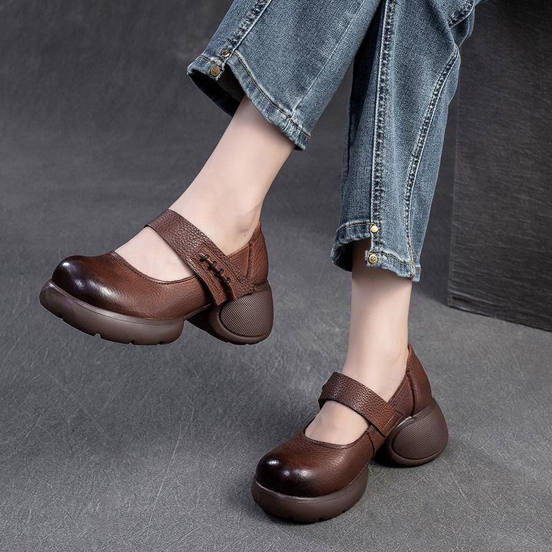 Fashion GKTINOO Retro Thick Soled Comfortable Pumps 2025 Autumn New Genuine Leather Round Toe Hook & Loop Women's Shoes