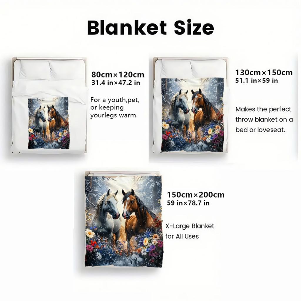 Zwei Pferde im Winterwald mit Schnee und Blumen Künstlerisches Design Fleece-Decke Natur Tier-Thema Weicher Flanell-Überwurf für Zuhause