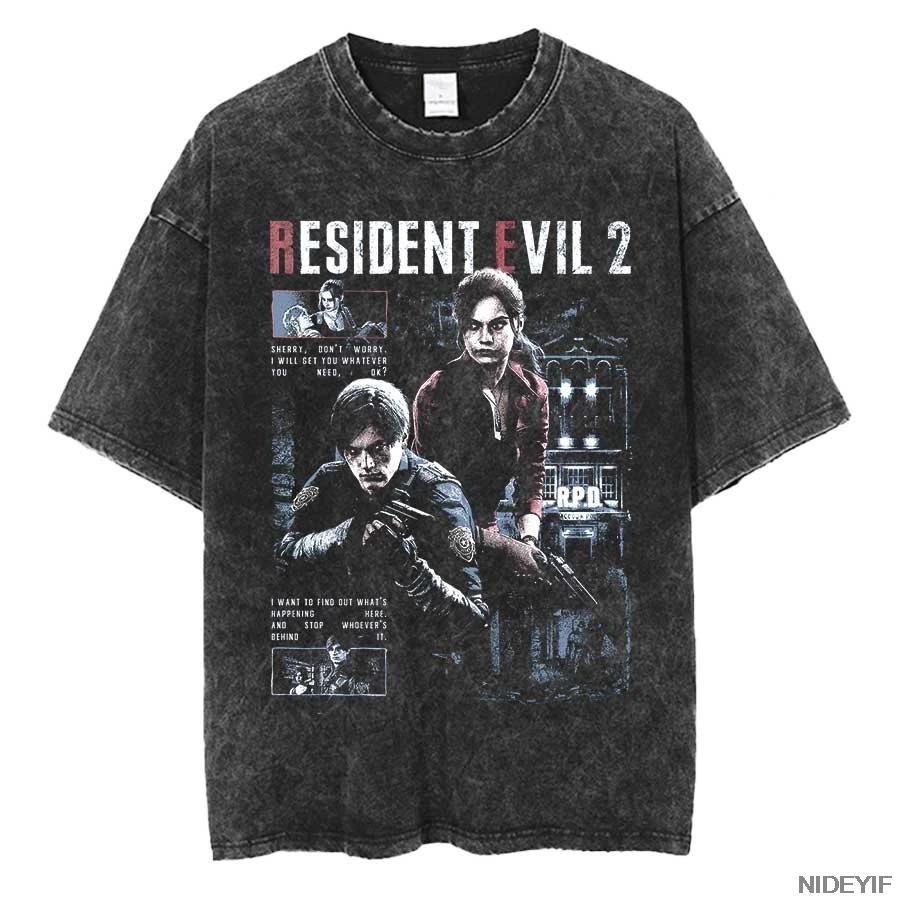 90. léta Resident Evil Biohazard Leon Kennedy Oversized Tričko 100% Bavlna Vintage Prané Tričko pro Muže Ženy