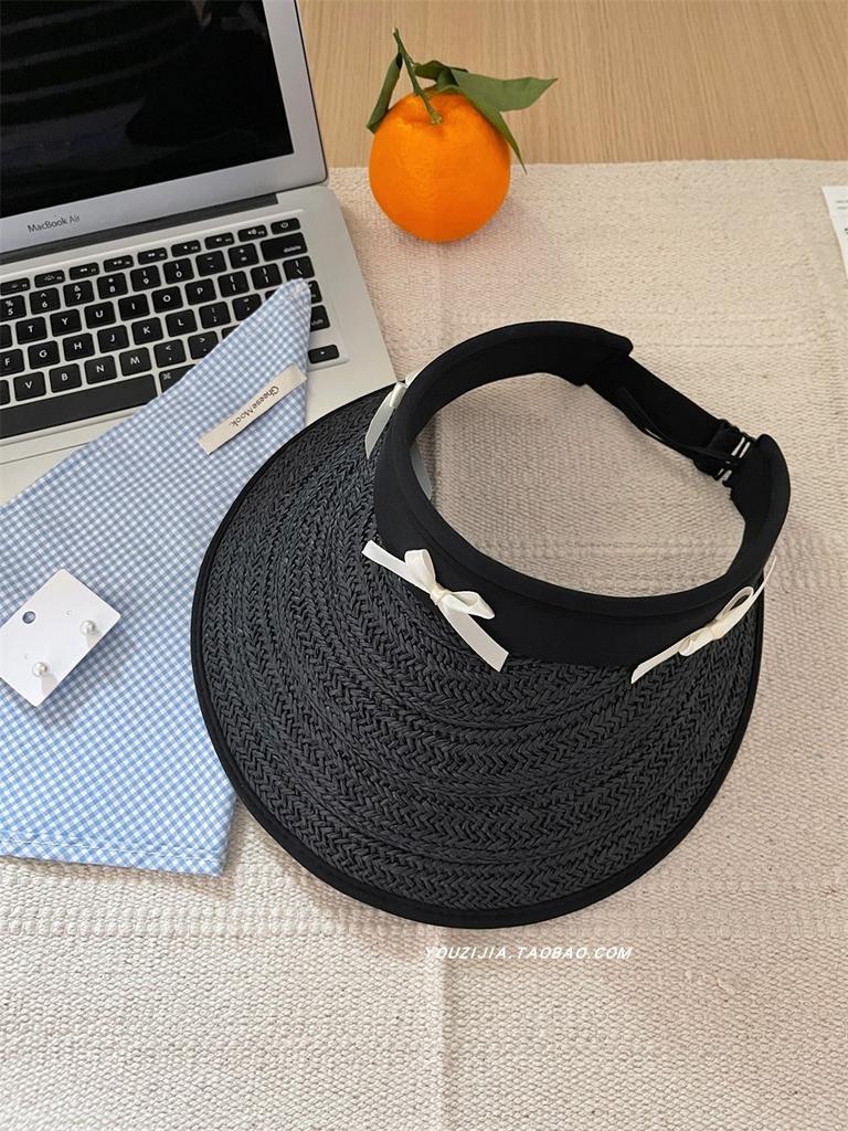 Summer Black Straw Wide Brim Hat For Women With Bow Adjustable For Outdoor Use