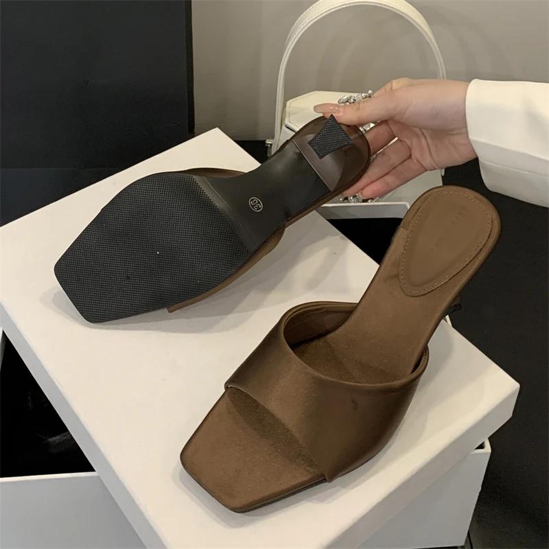 Fashion Fashion Satin Square Toe Women Slippers Concise Thin High Heels Banquet Sandals Female Shoes