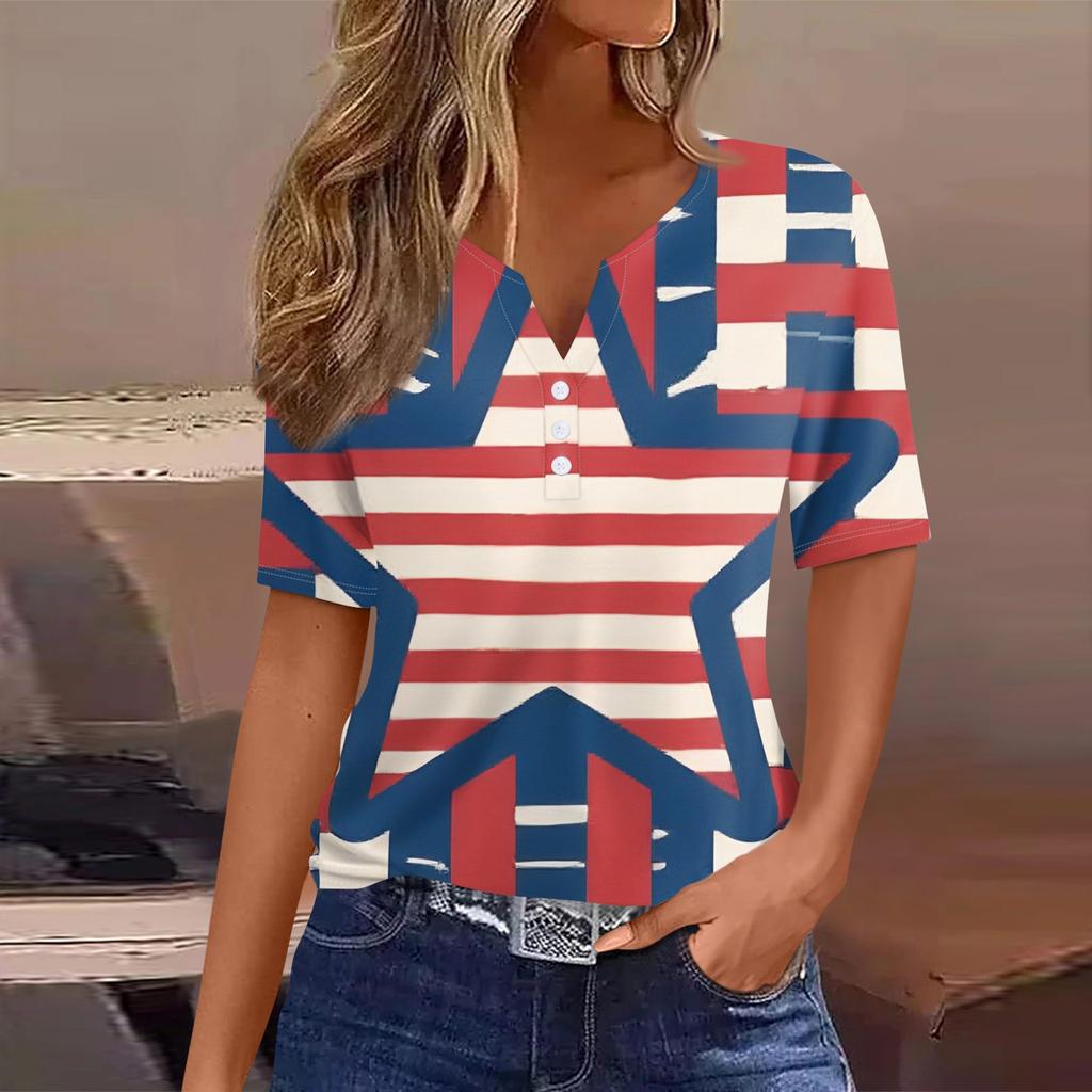 Women's T Shirt Tee Print Button Short Sleeve Daily Weekend Fashion Basic V- Neck Regular Top
