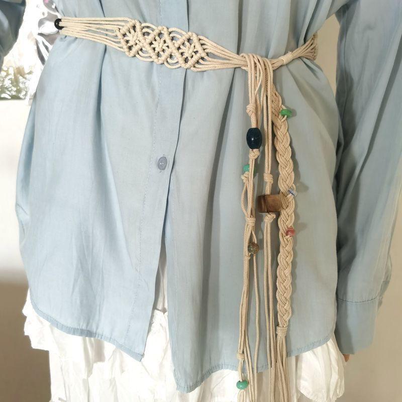 Pure Handmade Cotton Waist Rope Woven Fringed Beaded Famous Style Belt Women's Summer Simple and Versatile Waist Chain Literary and Retro