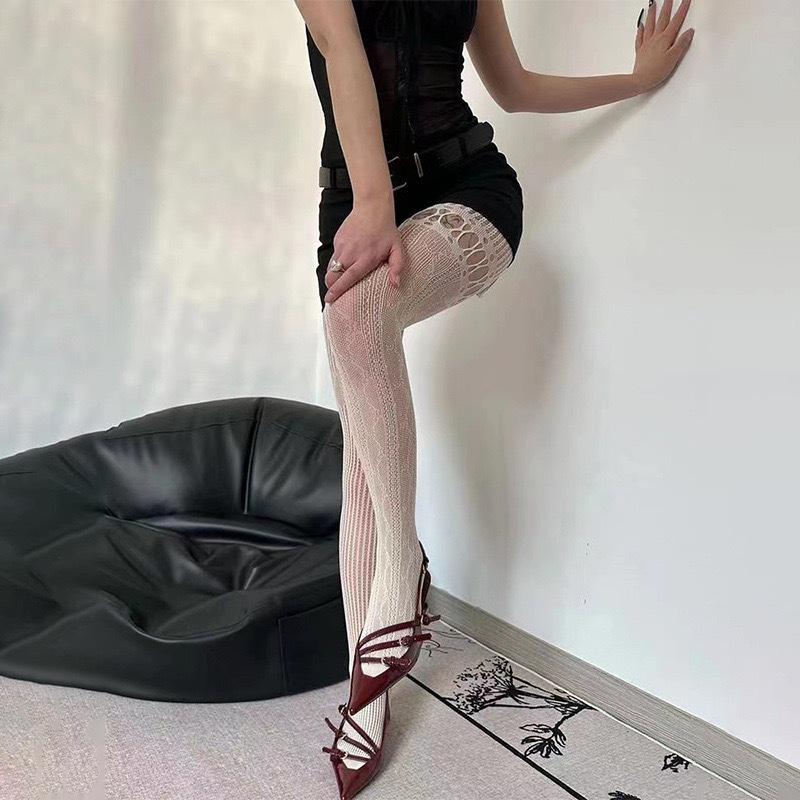 Sexy Fishnet Lace Stockings with Vertical Stripes & Heart Patchwork