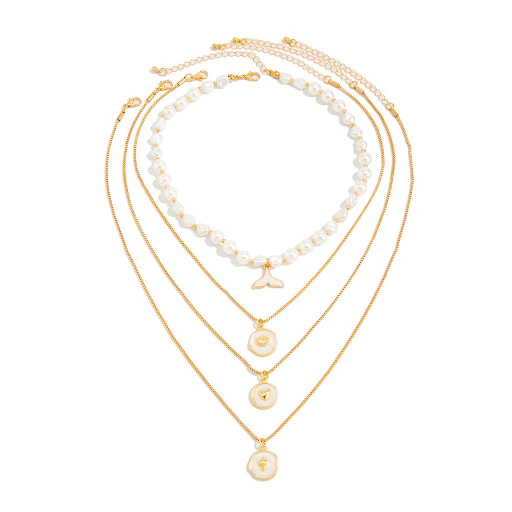 Ocean Wind Oil Drip Shell Fish Tail Pendant Necklace, Baroque Pearl Beaded Clavicle Necklace