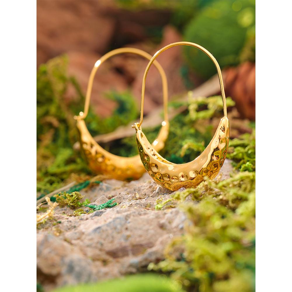 Yhpup Golden Stainless Steel Drop Dangle Hoop Earrings Ear Hook Tarnish Free Minimalist Metal Texture Women Fashion Jewelry