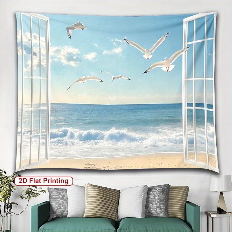 Ocean View Tapestry  Seagulls Over Beach Window Frame Design Coastal Art Polyester 5161 In for Bedroom or Dorm