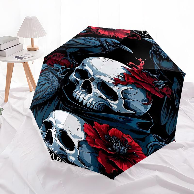 1pc Skull RavenOpen/Close Umbrella-Windproof, Compact Travel Umbrella, Sturdy 8-Rib Shaft, Outdoor Accessory, 1133