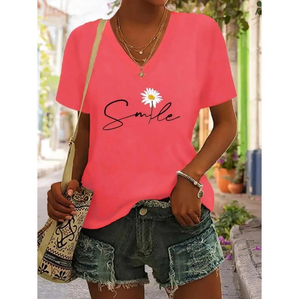 Summer Women's T-shirt Cat Pattern Printing V-neck Short-sleeved Loose Oversized Clothes