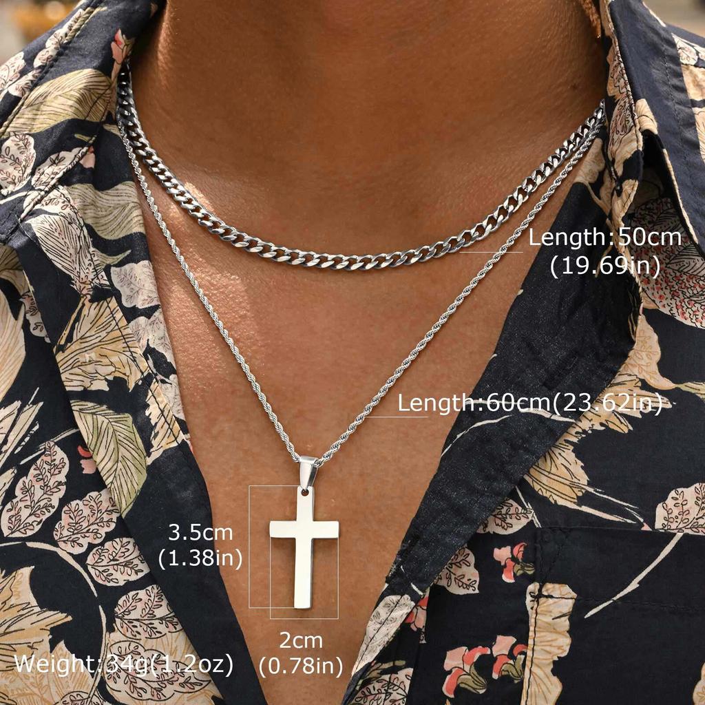 Vnox Men's Classic Cross Pendant Necklace, Stainless Steel Rope Cuban Blade Chain, Handsome Layered Neck Chains