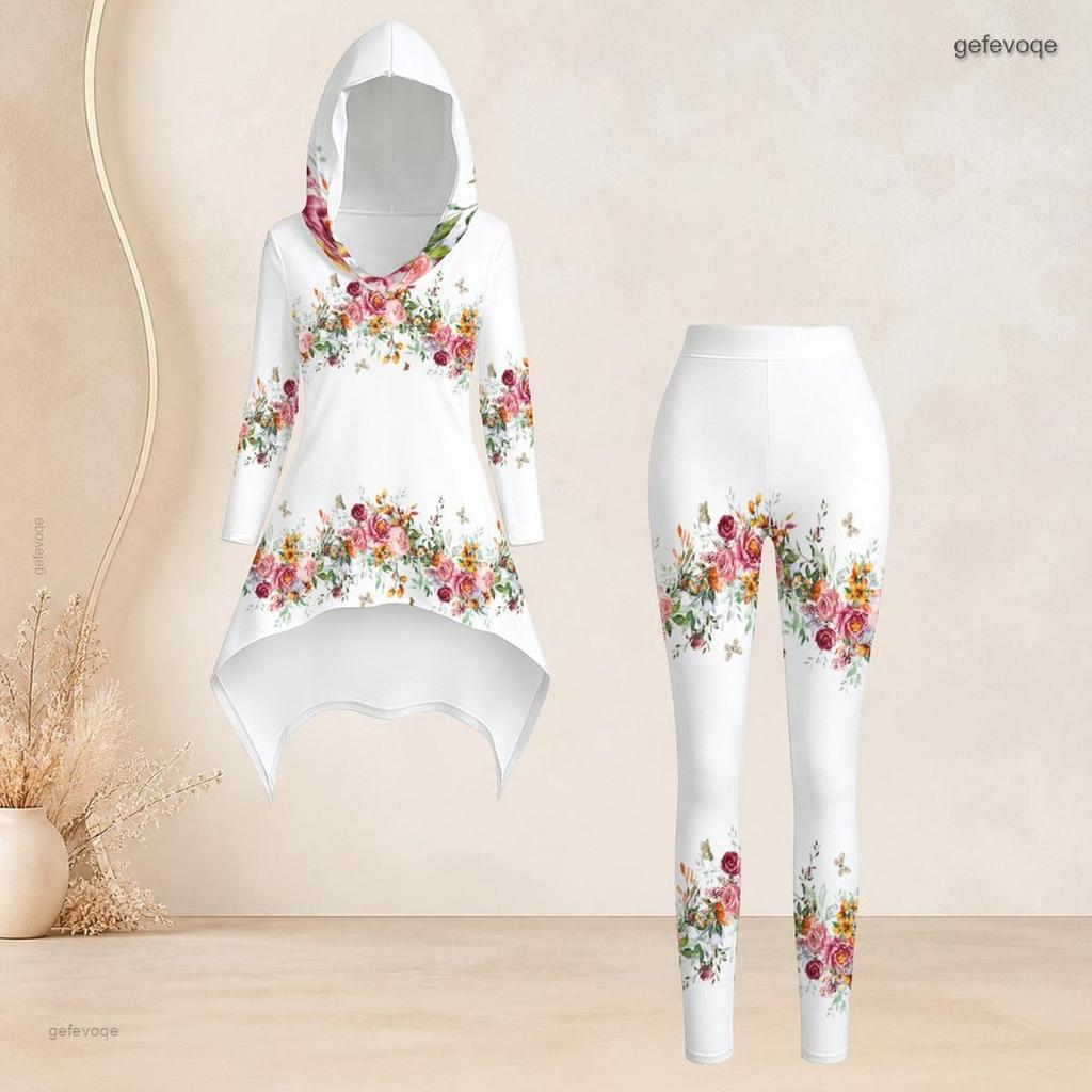 Women Plus Size Black Gold Printed Hooded Long Sleeve High Low Top Pocketed Leggings Two Piece Set