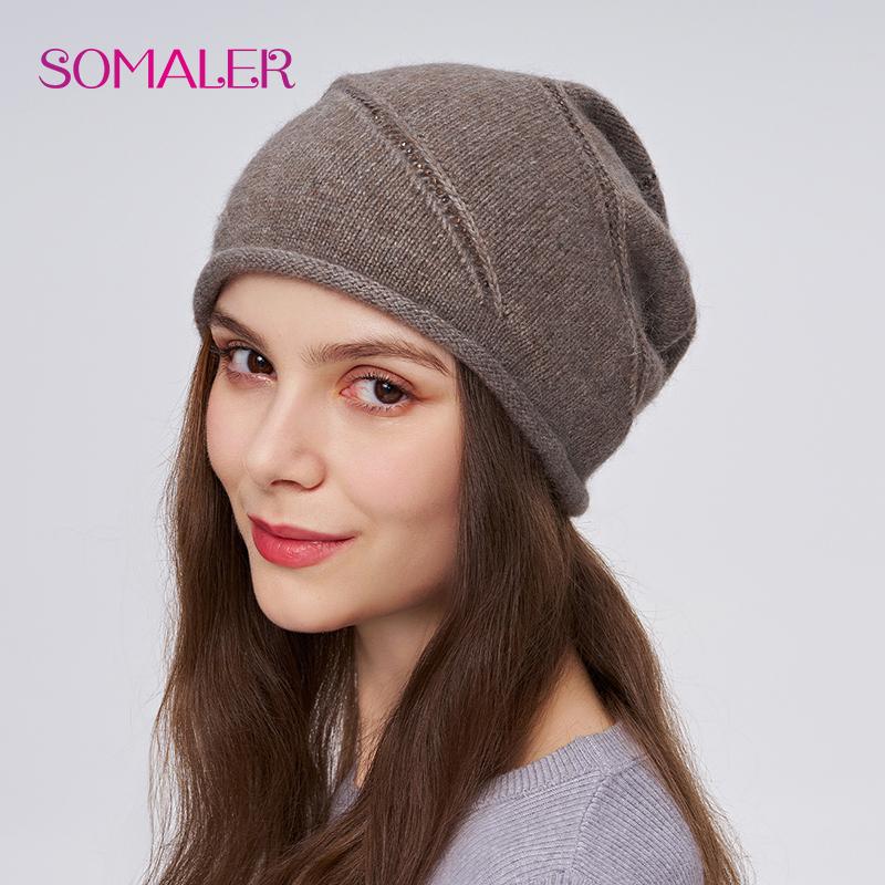 

SOMALER Женская зимняя шапка из ангоры, толстая теплая вязаная шапка-бини с драгоценными камнями, модный берет с отворотом, уличные шапки One Size дубильная кора