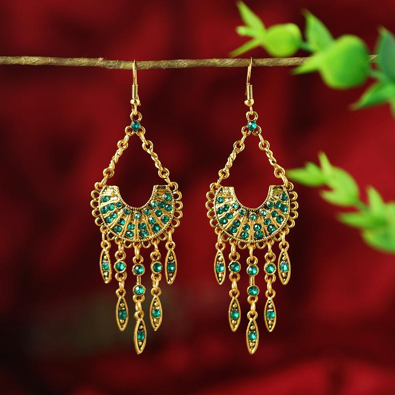 Retro crystal long fringed earrings Bohemian ethnic style personality temperament earrings Women's vacation earrings