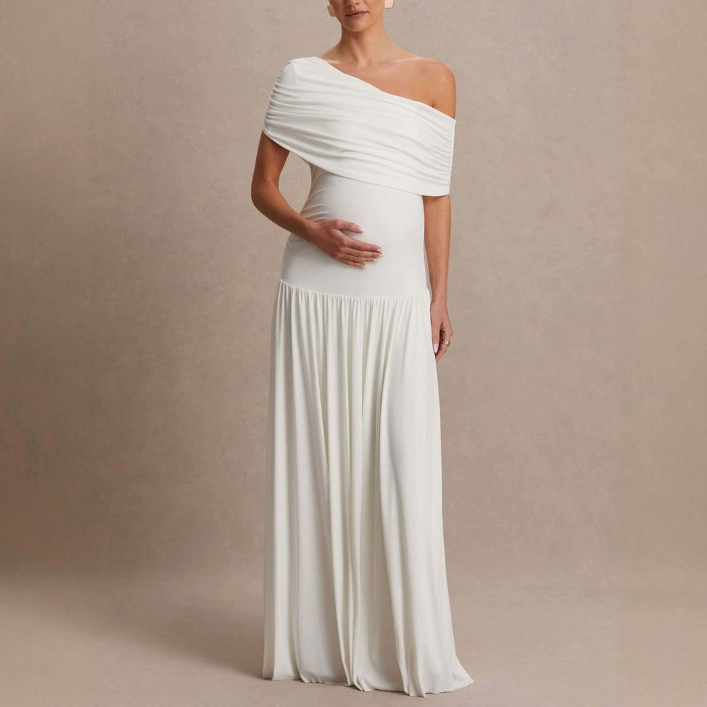 2026 spring new European, American and Amazon cross-border foreign trade women's slanted shoulder waist dress pleated solid color casual dress