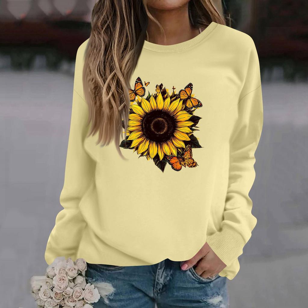 Sweat-shirt décontracté à manches longues et col rond pour femme, couleur unie, imprimé