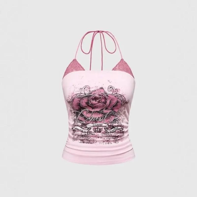 2KWEIRD Vintage Zweifarbige Spitze Neckholder Print Tanktops Spicy Girl Schlank Riemenlos Crop Top Sexy Oberbekleidung Y2k Ästhetik Harajuku Westen