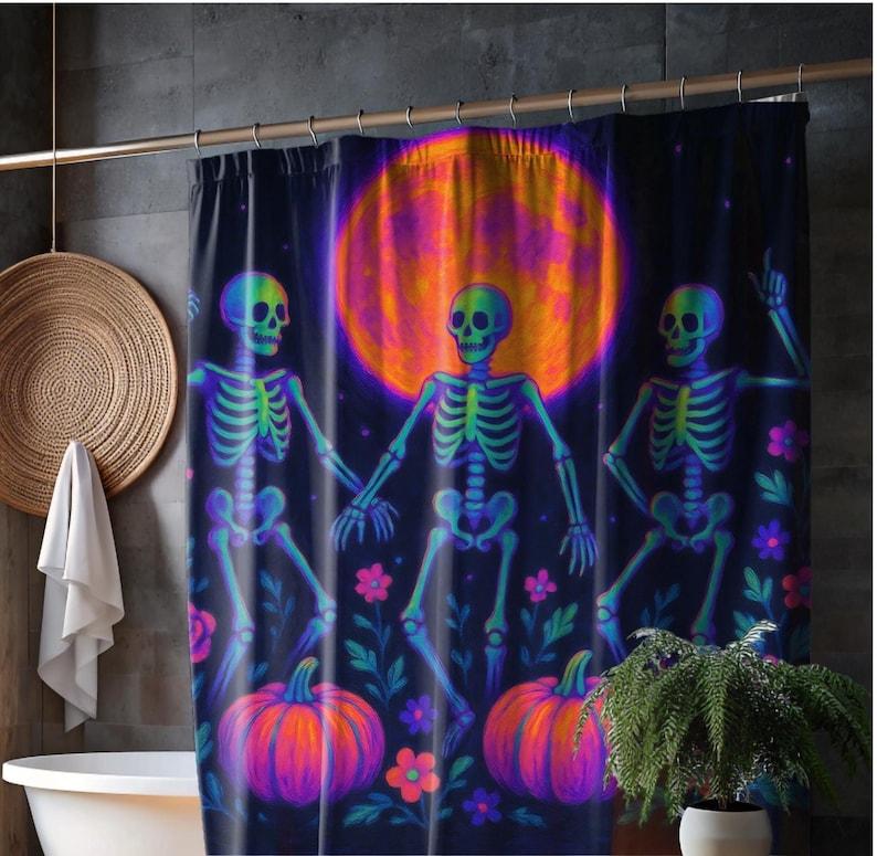 Skeleton Halloween Shower Curtain with Harvest Moon Floral Pattern, Neon Spooky Bathroom Decor for Cottagecore Style