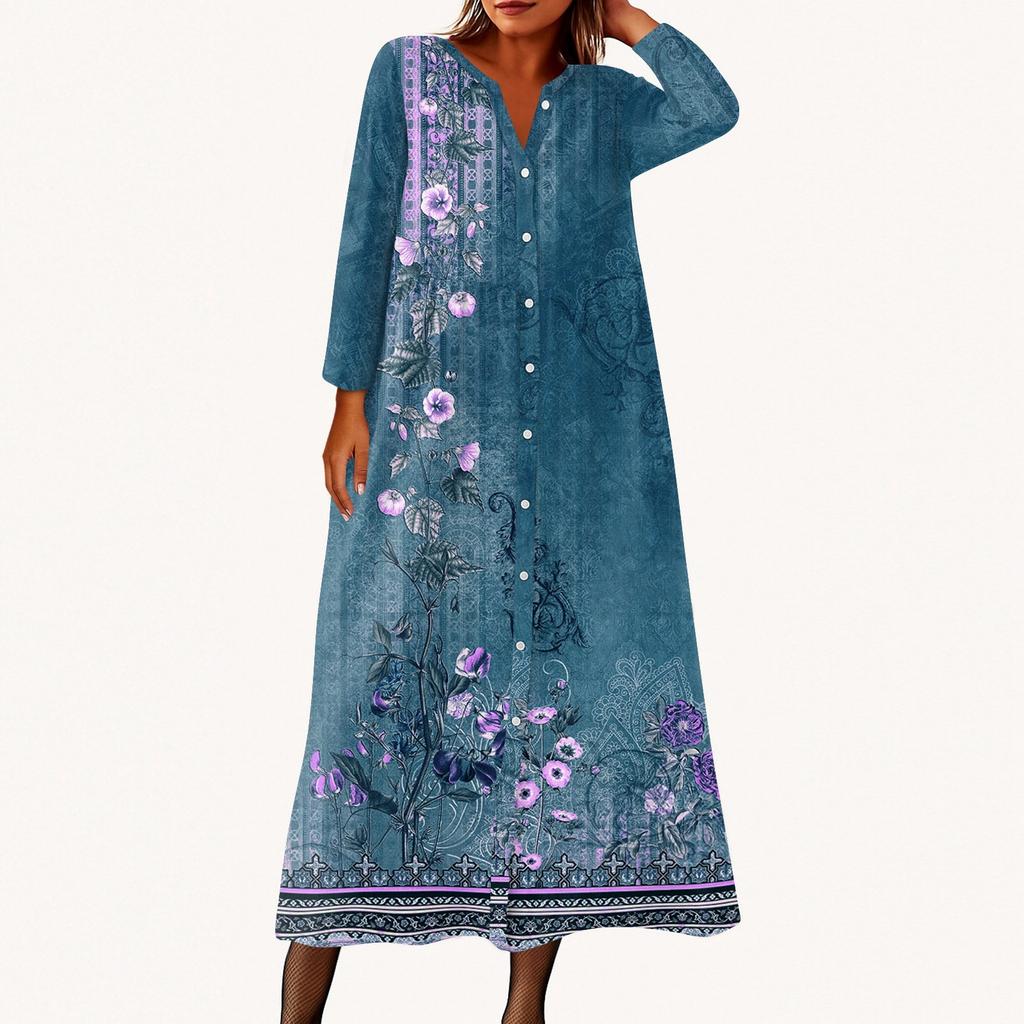 Dame Mote Trykket Rund Hals Syv Kvart Erm Knapp Løs Skjortekjole