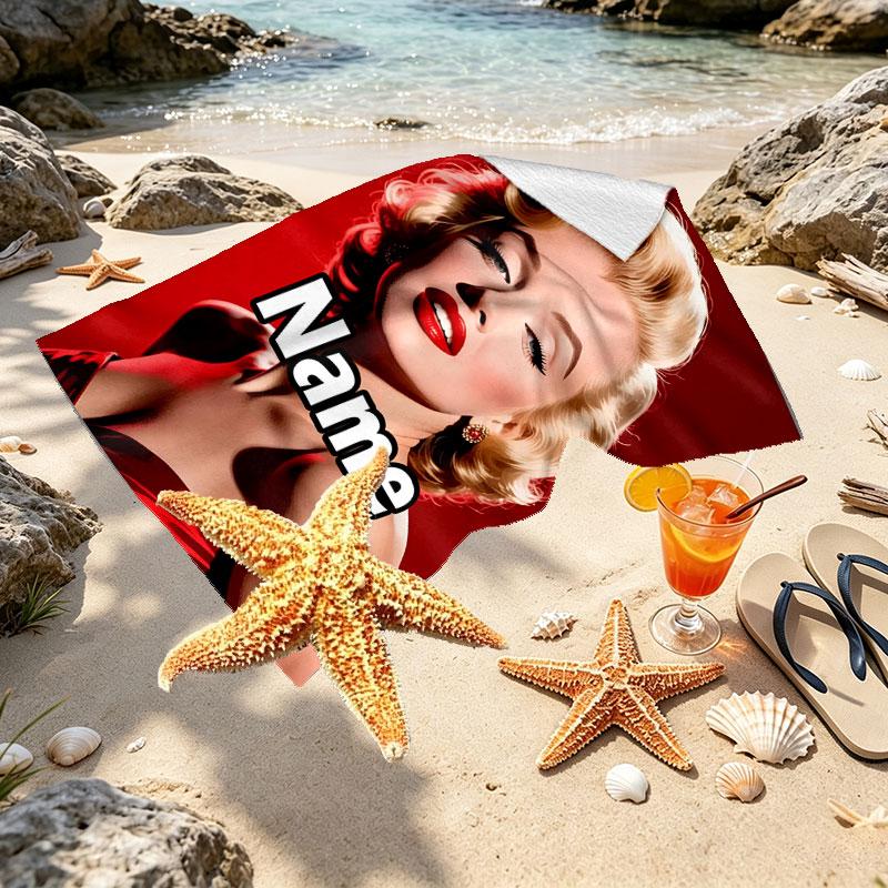 Custom Name Personalized Marilyn Monroe Print Beach Towel, for Trip Camping Beach Party Home Decor, Birthday Gift for Family & Friends