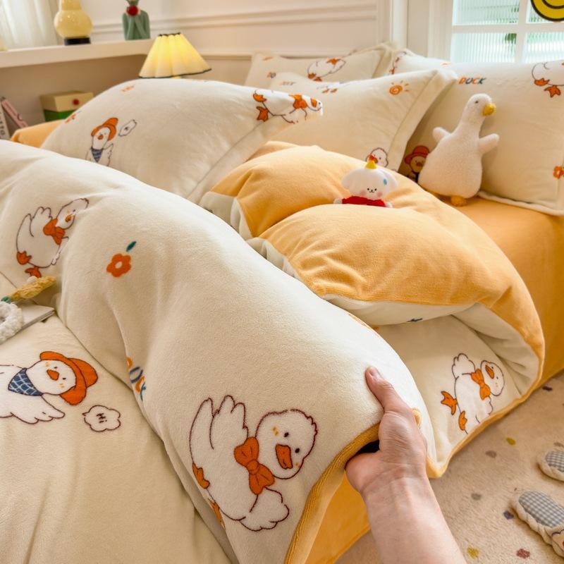 Thickened Milk Fleece Four-Piece Set Double-Sided Fleece Quilt Cover Coral Flannel Bed Sheet Quilt Cover Three-Piece Set Of Bed Hat