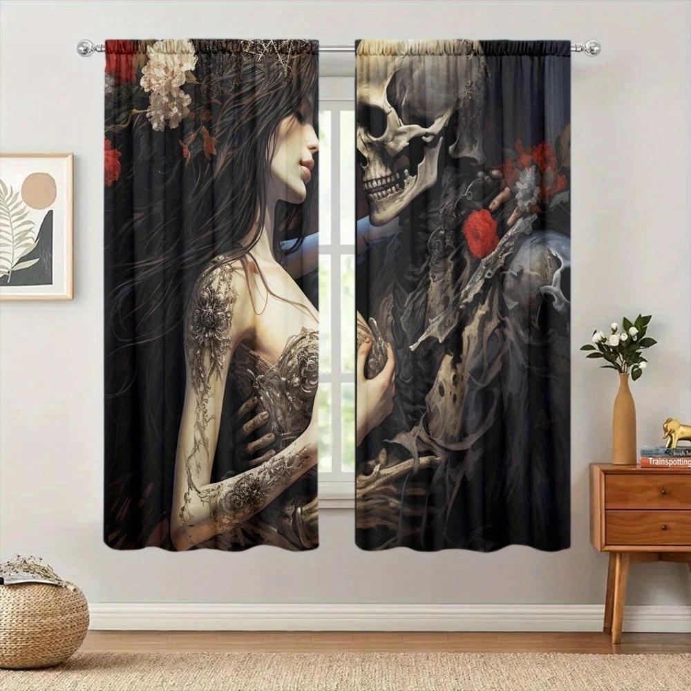 Couple Skeleton Art Printed Curtain for Home Decor - Rod Pocket Window Treatment for Bedroom, Kitchen, Living Room