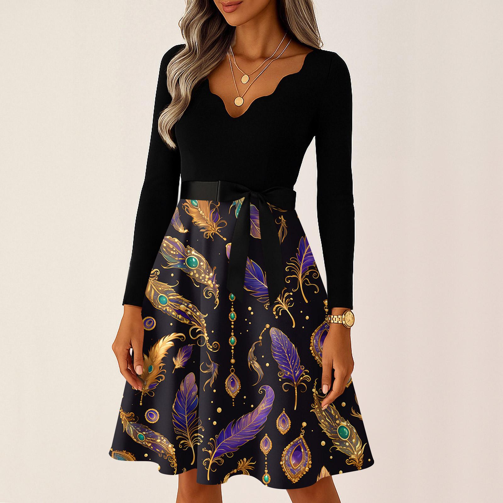 

Women s Casual Fashion V Neck Long Sleeve Printed Vintage Long Dress XL